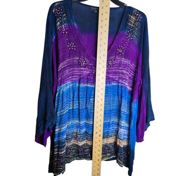 Women’s Large Purple Blue Tie Dye Beaded Boho Embroidered Tunic Shirt Blouse - Picture 4 of 4